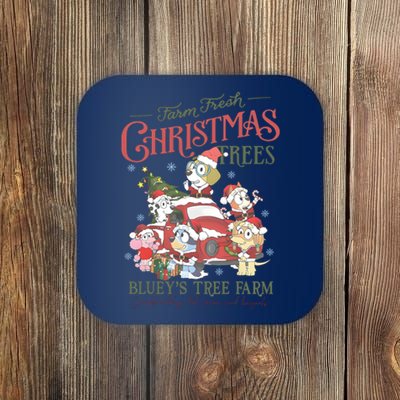 Tree Farm Blue Dog And Friends Christmas Coaster