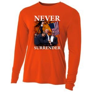 Trump Fist Bump In Air Never Surrender 2024 Cooling Performance Long Sleeve Crew