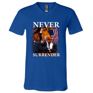 Trump Fist Bump In Air Never Surrender 2024 V-Neck T-Shirt