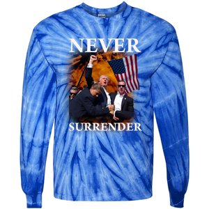 Trump Fist Bump In Air Never Surrender 2024 Tie-Dye Long Sleeve Shirt