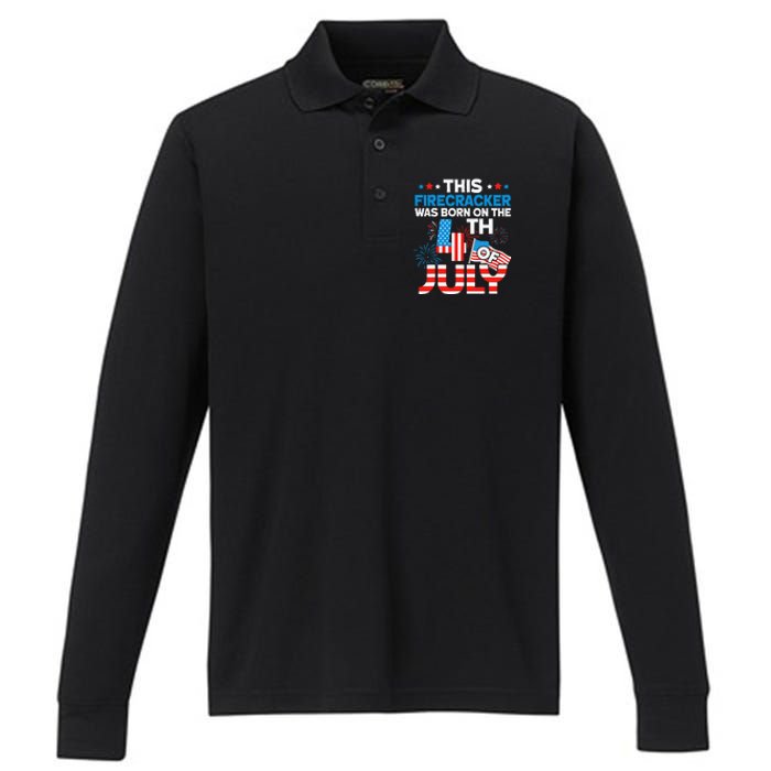 This Firecracker Born On 4th Of July Patriotic Birthday Performance Long Sleeve Polo