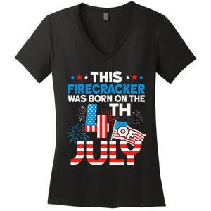 This Firecracker Born On 4th Of July Patriotic Birthday Women's V-Neck T-Shirt