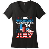 This Firecracker Born On 4th Of July Patriotic Birthday Women's V-Neck T-Shirt