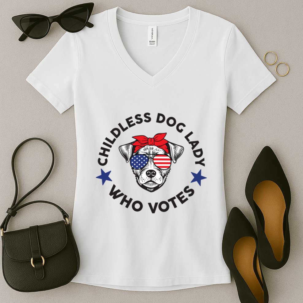 Thefishandbone Fish & Bone Childless Dog Lady Who Votes Women's V-Neck T-Shirt