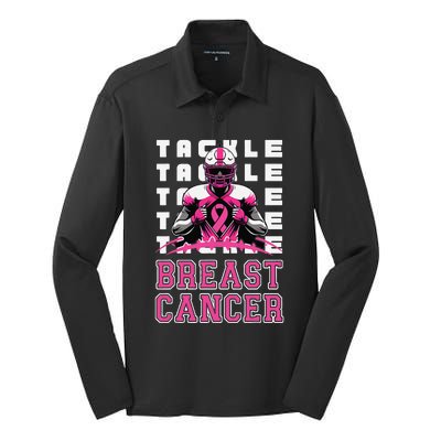 Tackle Football Breast Cancer Awareness Pin.K Ribbon Silk Touch Performance Long Sleeve Polo