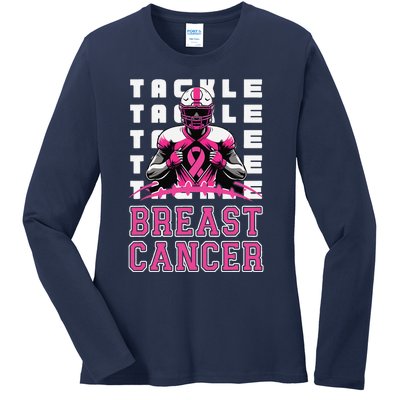 Tackle Football Breast Cancer Awareness Pin.K Ribbon Ladies Long Sleeve Shirt