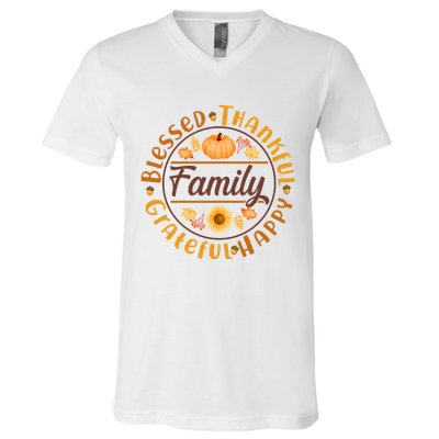 Thanksgiving Family Blessed Thankful Grateful Happy Emblem V-Neck T-Shirt