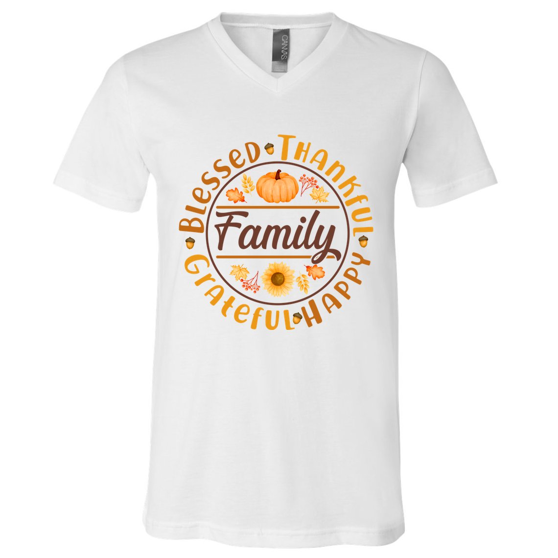 Thanksgiving Family Blessed Thankful Grateful Happy Emblem V-Neck T-Shirt