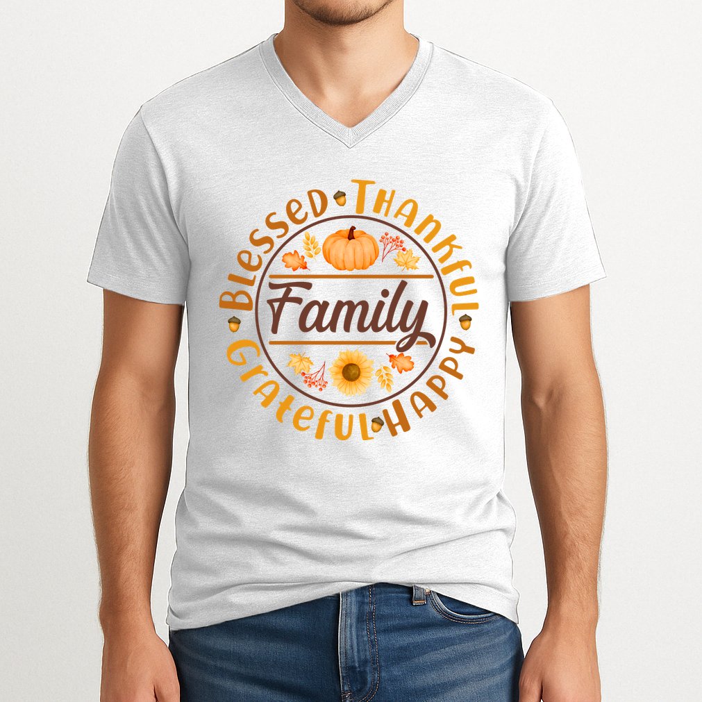 Thanksgiving Family Blessed Thankful Grateful Happy Emblem V-Neck T-Shirt