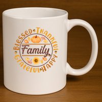 Thanksgiving Family Blessed Thankful Grateful Happy Emblem 11oz C Handle Ceramic Mug