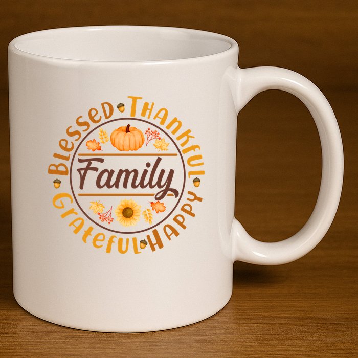 Thanksgiving Family Blessed Thankful Grateful Happy Emblem 11oz C Handle Ceramic Mug