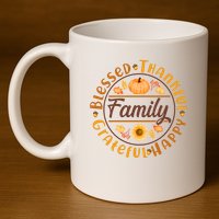 Thanksgiving Family Blessed Thankful Grateful Happy Emblem 11oz C Handle Ceramic Mug