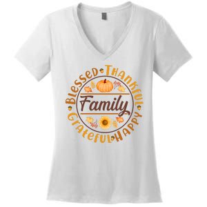 Thanksgiving Family Blessed Thankful Grateful Happy Emblem Women's V-Neck T-Shirt