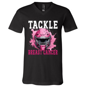 Tackle Football Breast Cancer Awareness Pink Ribbon Kids V-Neck T-Shirt