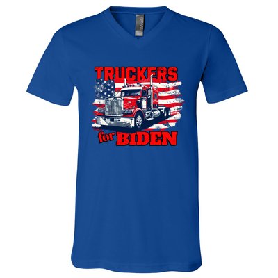 Truckers For Biden Trucks Truck Driving American Flag Gift V-Neck T-Shirt