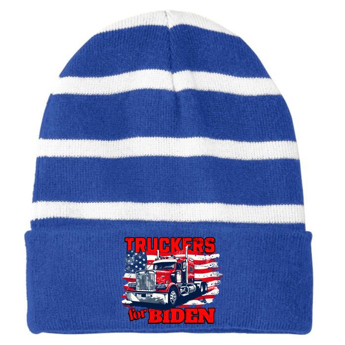 Truckers For Biden Trucks Truck Driving American Flag Gift Striped Beanie with Solid Band