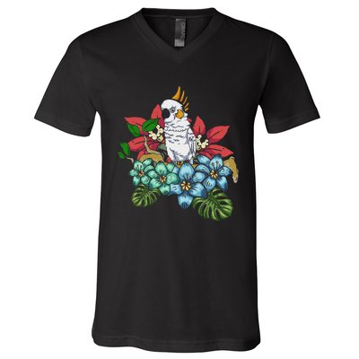 Tropical Flowers Birdwatcher Birding Floral Parrot Cockatoo V-Neck T-Shirt