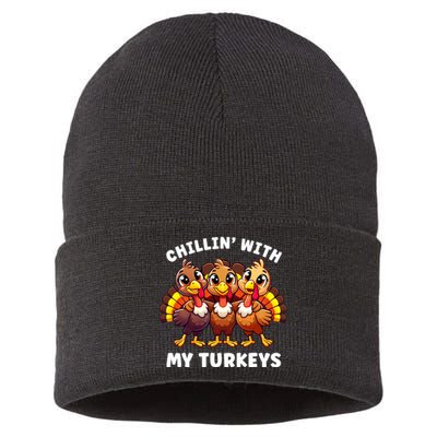 Thanksgiving Family Chillin With My Turkeys Funny Sustainable Knit Beanie