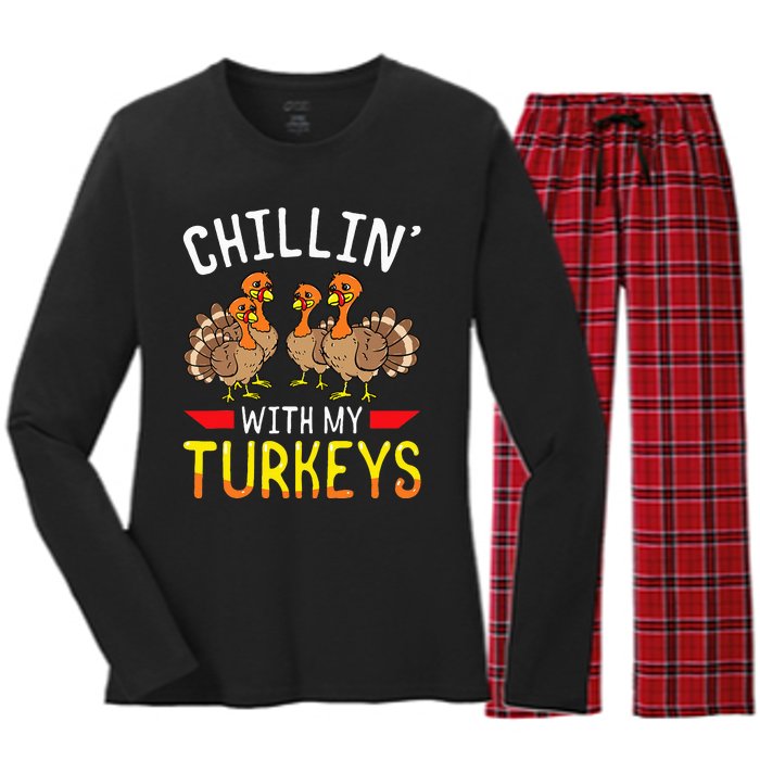 Thanksgiving Family Chillin With My Turkeys Women's Long Sleeve Flannel Pajama Set 