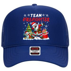 Team Firefighter Christmas Dabbing Snow Santa Proud Job Gift High Crown Mesh Back Trucker Hat