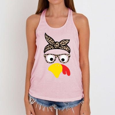 Turkey Face Cheetah Cute Thanksgiving Women's Knotted Racerback Tank