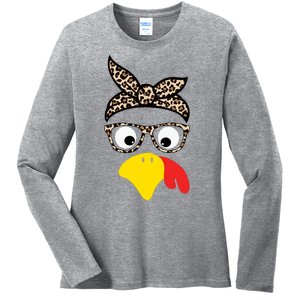 Turkey Face Cheetah Cute Thanksgiving Ladies Long Sleeve Shirt