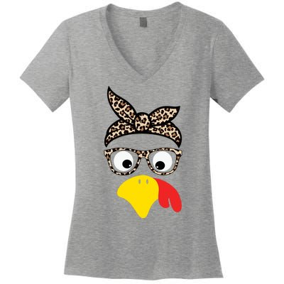 Turkey Face Cheetah Cute Thanksgiving Women's V-Neck T-Shirt