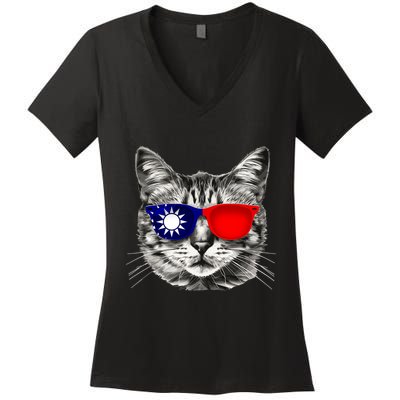 Taiwanese Flag Cat Owner Souvenirs Women's V-Neck T-Shirt