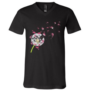 Tropical Floral Dandelion Exotic Bird Animal Flamingo V-Neck T-Shirt