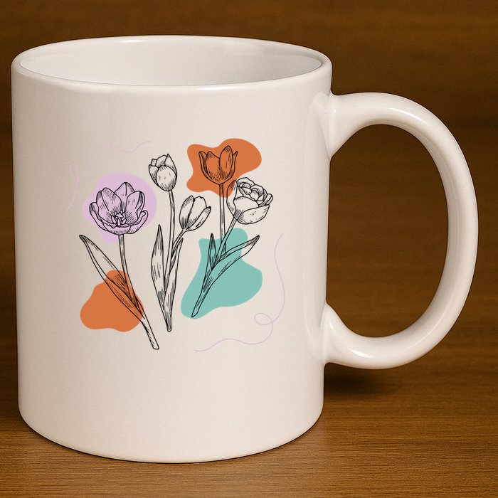 Tulip Floral Drawing 11oz C Handle Ceramic Mug