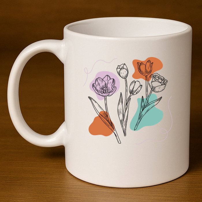 Tulip Floral Drawing 11oz C Handle Ceramic Mug