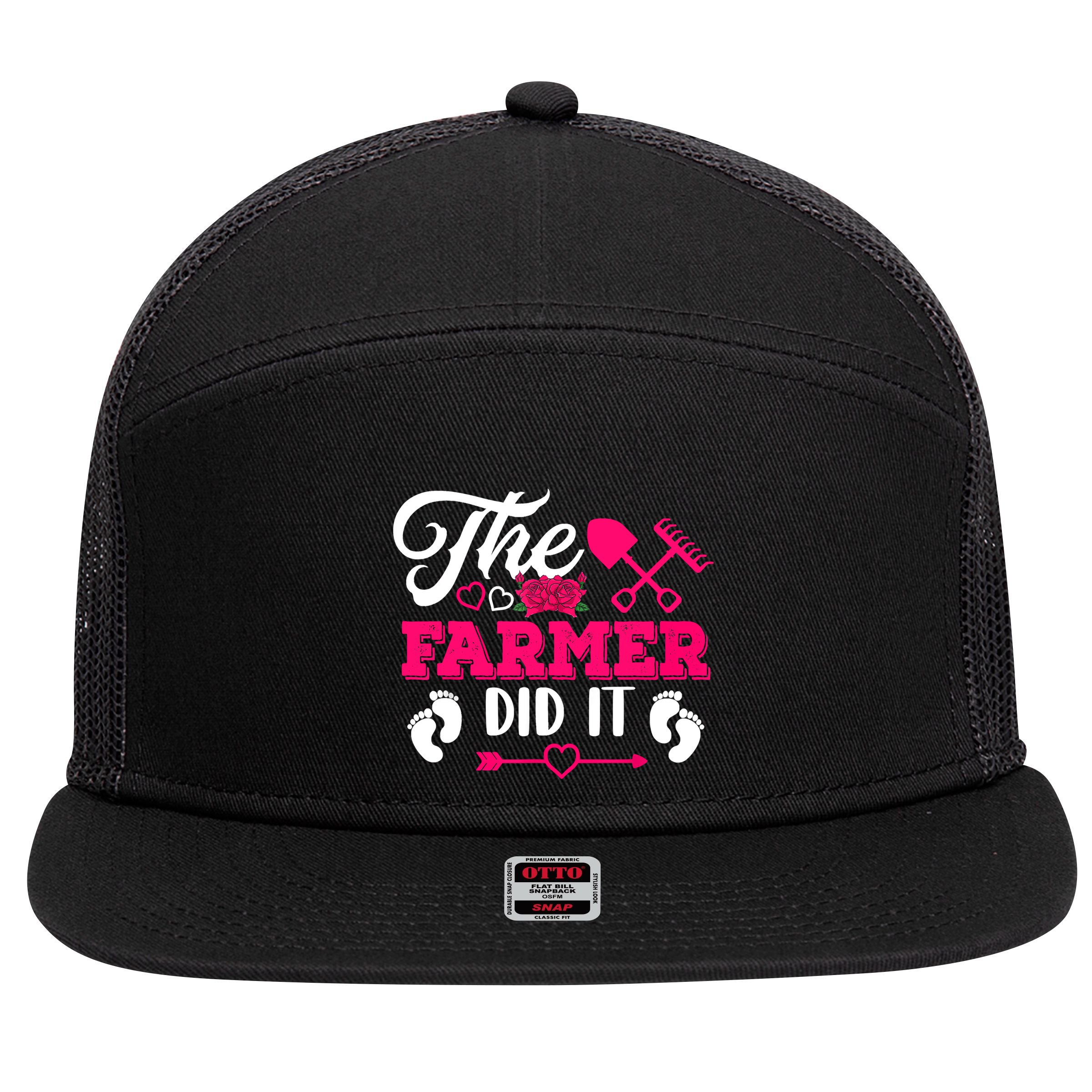 The Farmer Did It Funny Pregnancy Announcement Flowers 7 Panel Mesh Trucker Snapback Hat