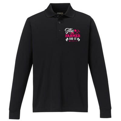 The Farmer Did It Funny Pregnancy Announcement Flowers Performance Long Sleeve Polo