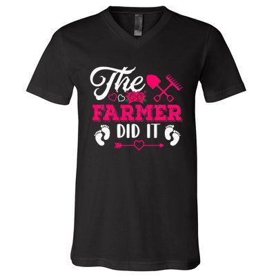 The Farmer Did It Funny Pregnancy Announcement Flowers V-Neck T-Shirt