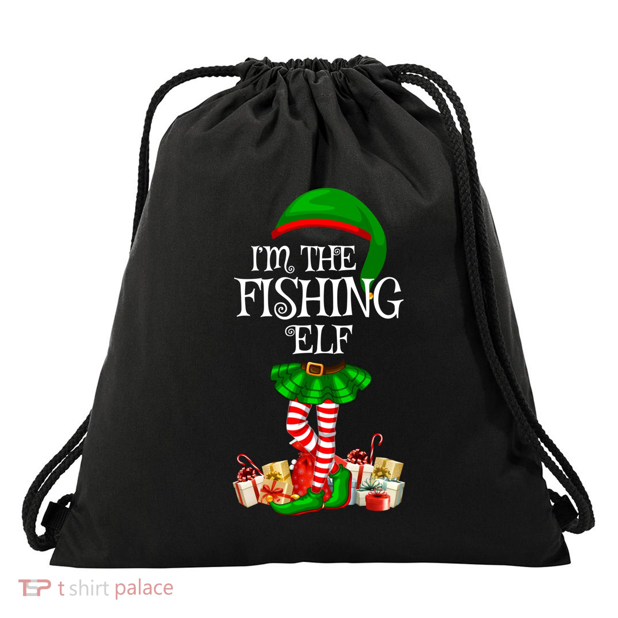 The Fishing Elf Christmas Matching Family Elf Xmas Gift Drawstring Bag