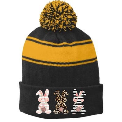 Trio Floral Easter Bunny Cute Stripe Pom Pom Beanie