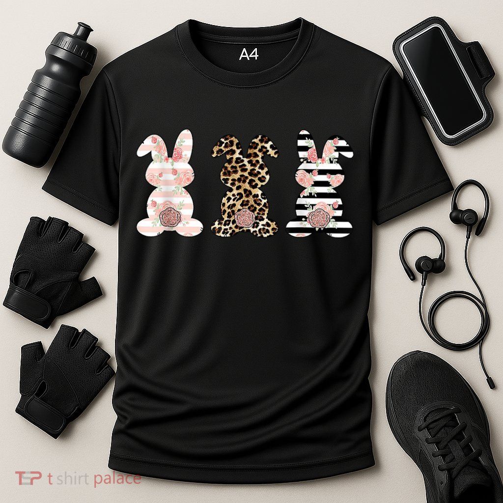 Trio Floral Easter Bunny Cute Performance Shirt