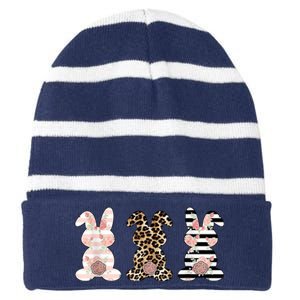 Trio Floral Easter Bunny Cute Striped Beanie with Solid Band