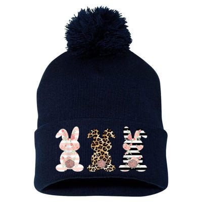 Trio Floral Easter Bunny Cute Pom Pom 12in Knit Beanie