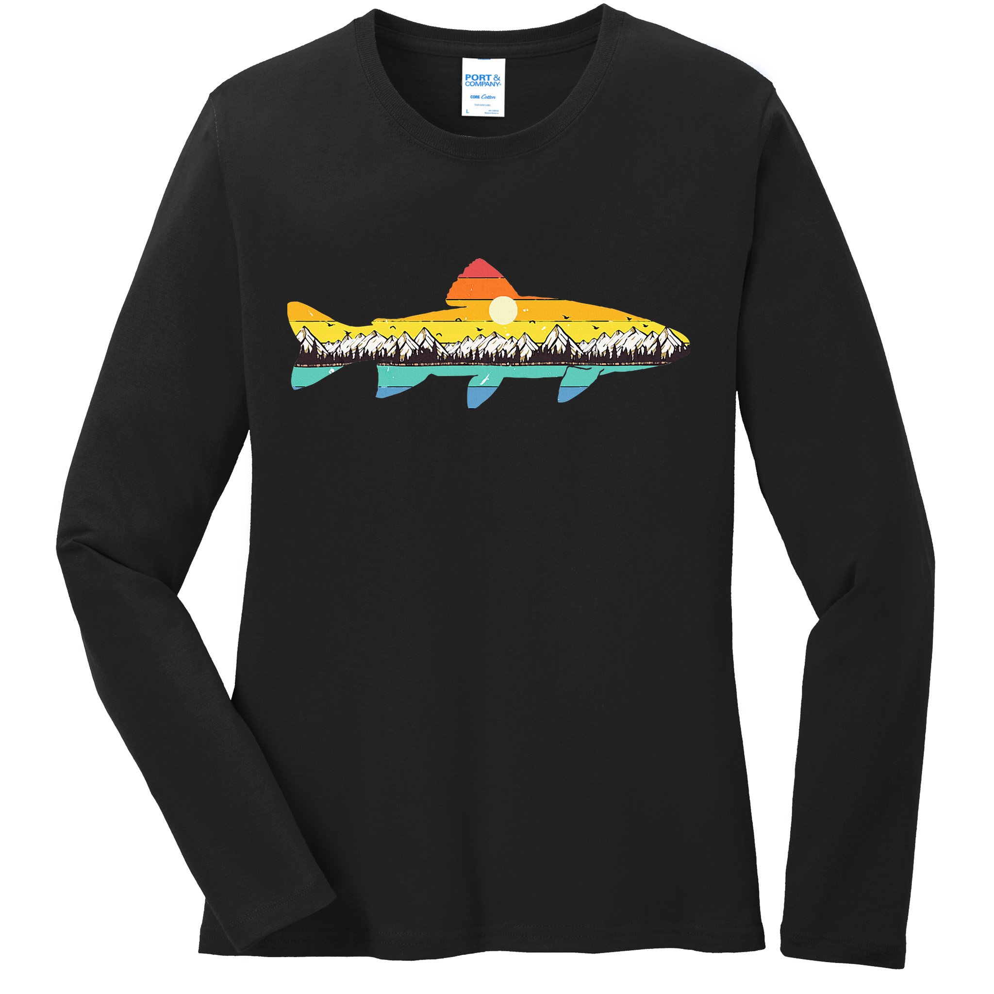 Trout Fly Fishing Outdoor Forest Nature Wildlife Fisherman Ladies Long Sleeve Shirt