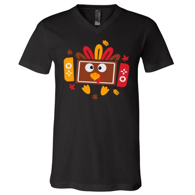 Turkey Face Funny Gaming Gamer Thanksgiving V-Neck T-Shirt