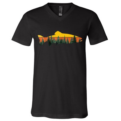 Trout Fly Fishing Outdoor Forest Nature Wildlife Fisherman V-Neck T-Shirt