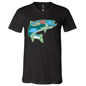 Trout Fly Fishing Outdoor Forest Nature Wildlife Fisherman V-Neck T-Shirt