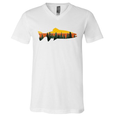 Trout Fly Fishing Outdoor Forest Nature Wildlife Fisherman V-Neck T-Shirt