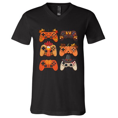 Thanksgiving Fall Gaming Controllers Turkey Funny Boy Gamer V-Neck T-Shirt