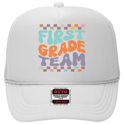 Team First Grade Teacher Student Back To School 1st Grade Gift High Crown Mesh Back Trucker Hat