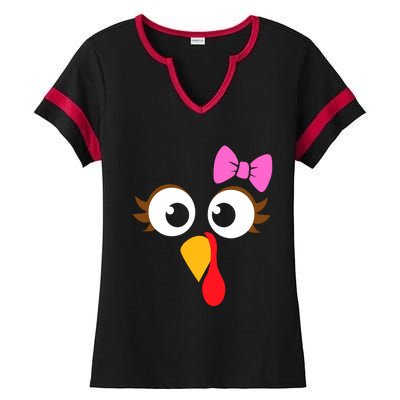 Turkey Face Girl Pink Bow, Thanksgiving Gift Ladies Halftime Notch Neck Tee