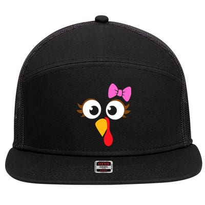 Turkey Face Girl Pink Bow, Thanksgiving Gift 7 Panel Mesh Trucker Snapback Hat