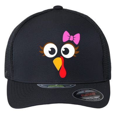 Turkey Face Girl Pink Bow, Thanksgiving Gift Flexfit Unipanel Trucker Cap