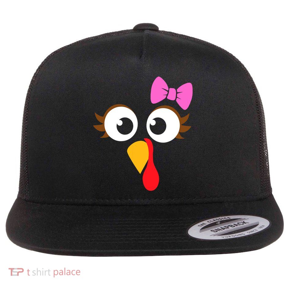 Turkey Face Girl Pink Bow, Thanksgiving Gift Flat Bill Trucker Hat